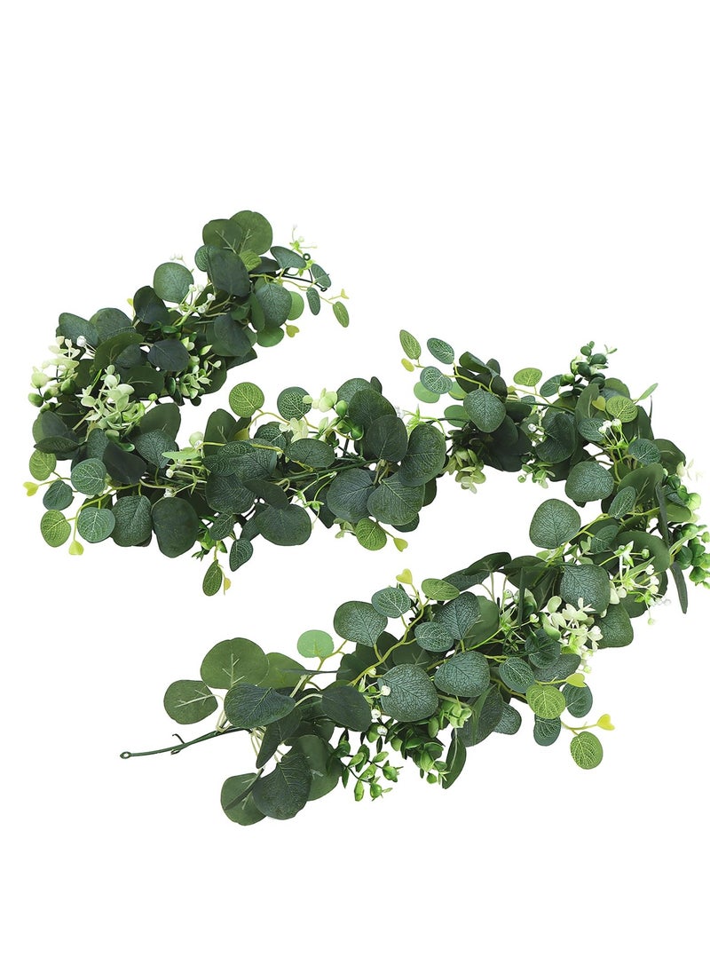 Mordely Artificial Eucalyptus Greenery Plant Fake Silver Dollar Leaves Garland Wreath Fake Vines with White Flowers Table Runner for Wedding Arch Home Party Mantle Decor  - Image 3