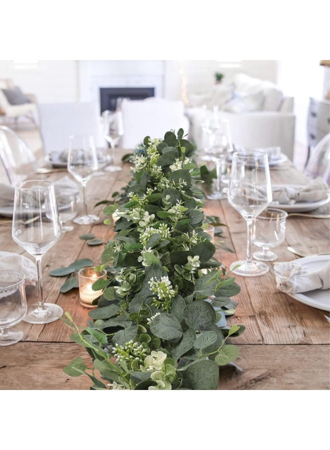 Mordely Artificial Eucalyptus Greenery Plant Fake Silver Dollar Leaves Garland Wreath Fake Vines with White Flowers Table Runner for Wedding Arch Home Party Mantle Decor - Image 2