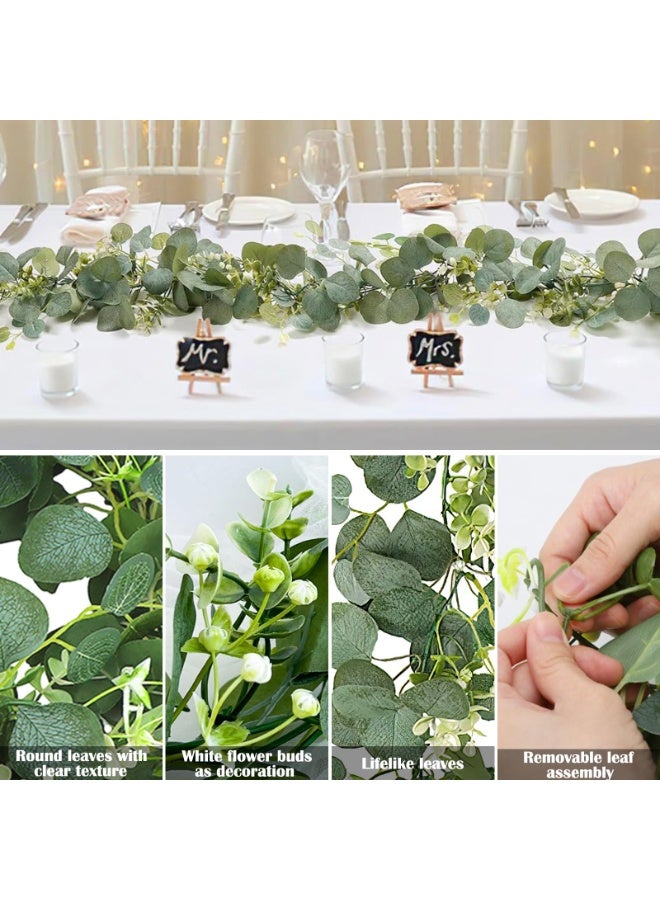 Mordely Artificial Eucalyptus Greenery Plant Fake Silver Dollar Leaves Garland Wreath Fake Vines with White Flowers Table Runner for Wedding Arch Home Party Mantle Decor - Image 5