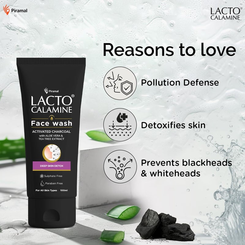 Lacto Calamine Activated Charcoal Face Wash with Aloe Vera & Tea Tree Extract for Deep Skin Detox. Removes impurities and fights blackheads & whiteheads. No Parabens, No Sulphates - 100 ml Pack of 1 - Image 4