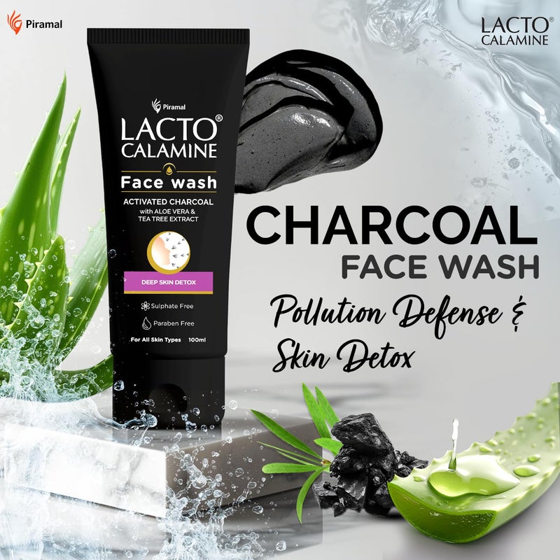 Lacto Calamine Activated Charcoal Face Wash with Aloe Vera & Tea Tree Extract for Deep Skin Detox. Removes impurities and fights blackheads & whiteheads. No Parabens, No Sulphates - 100 ml Pack of 1 - Image 2