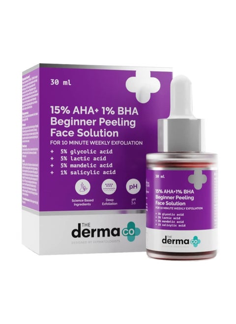 The Derma Co 15% AHA + 1% BHA Beginner Face Peeling Solution for 10-Minute Weekly Exfoliation - 30ml