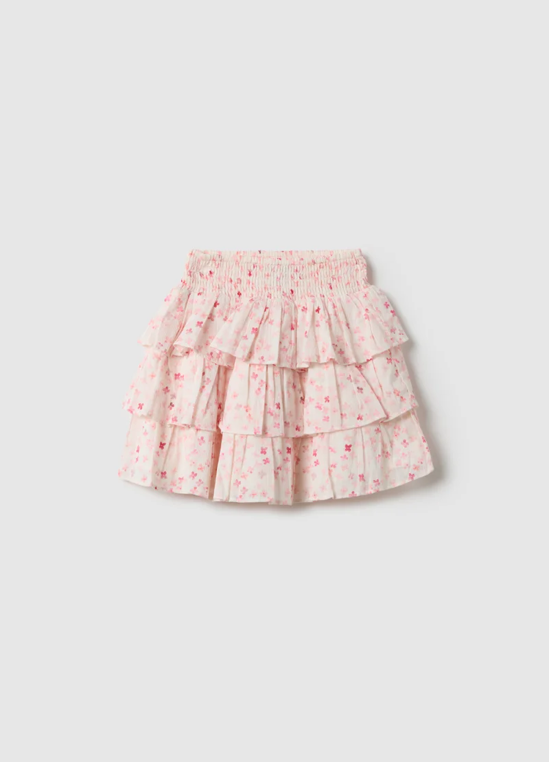 او في اس OVS Girls' Multicolour Pure Cotton Tiered Skirt With Floral Pattern