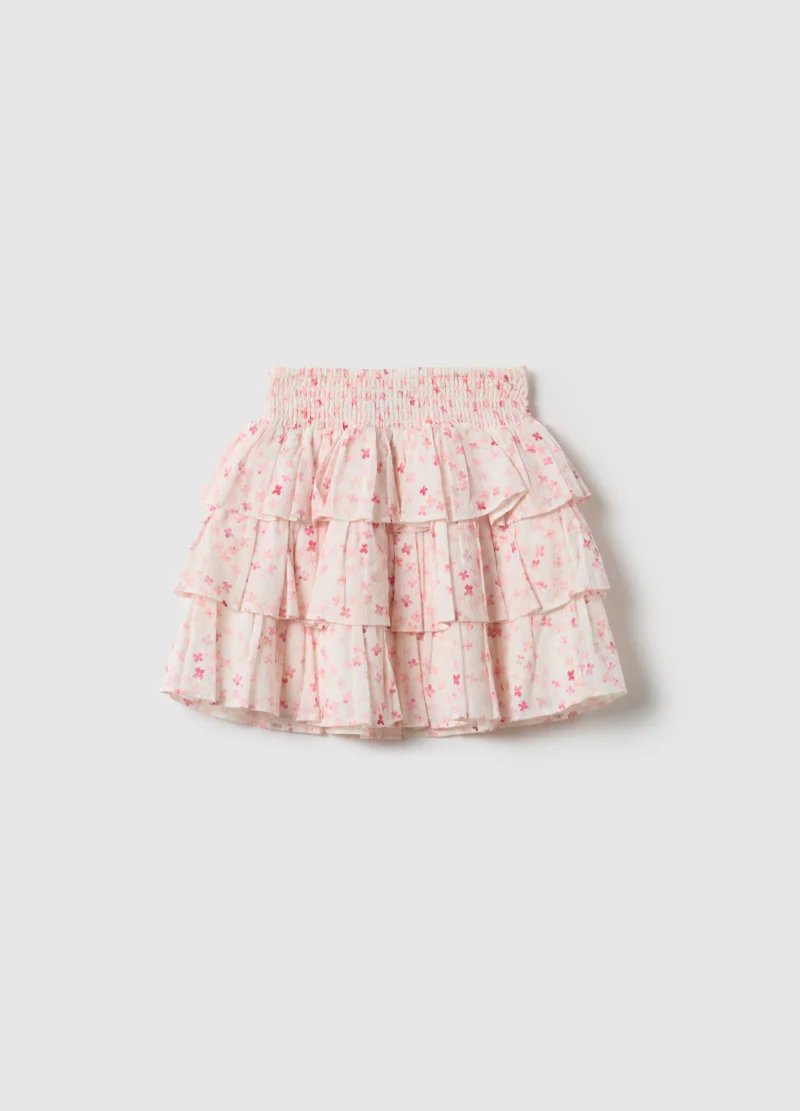 او في اس OVS Girls' Multicolour Pure Cotton Tiered Skirt With Floral Pattern