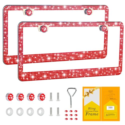 FIISFIIS Bling License Plate Frame for Women,2 Pack Premium Stainless Steel Rhinestone License Plate Holder,Handmade Glitter Crystal Diamond Lincense Plate Cover for Girl,Bedazzled Sparkly Caps-Red - Image 1