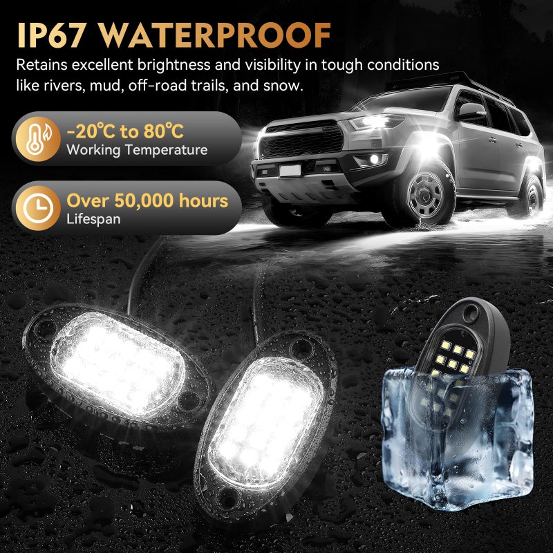 ZONECONA 8Pods Pure White LED Rock Lights Kit with Switch Wiring Harness Extension Wire, 6000K 15LEDs Neon Underglow Light Waterproof Fender Lights for Trucks Jeep Golf Carts Off Road ATV UTV SUV, SXS - Image 4