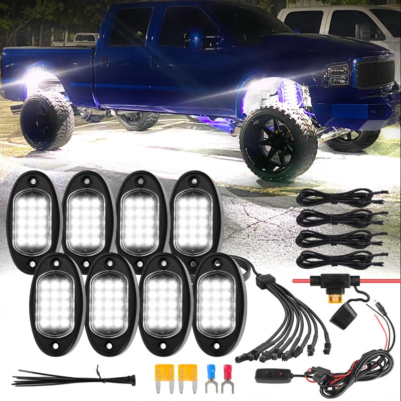 ZONECONA 8Pods Pure White LED Rock Lights Kit with Switch Wiring Harness Extension Wire, 6000K 15LEDs Neon Underglow Light Waterproof Fender Lights for Trucks Jeep Golf Carts Off Road ATV UTV SUV, SXS - Image 1