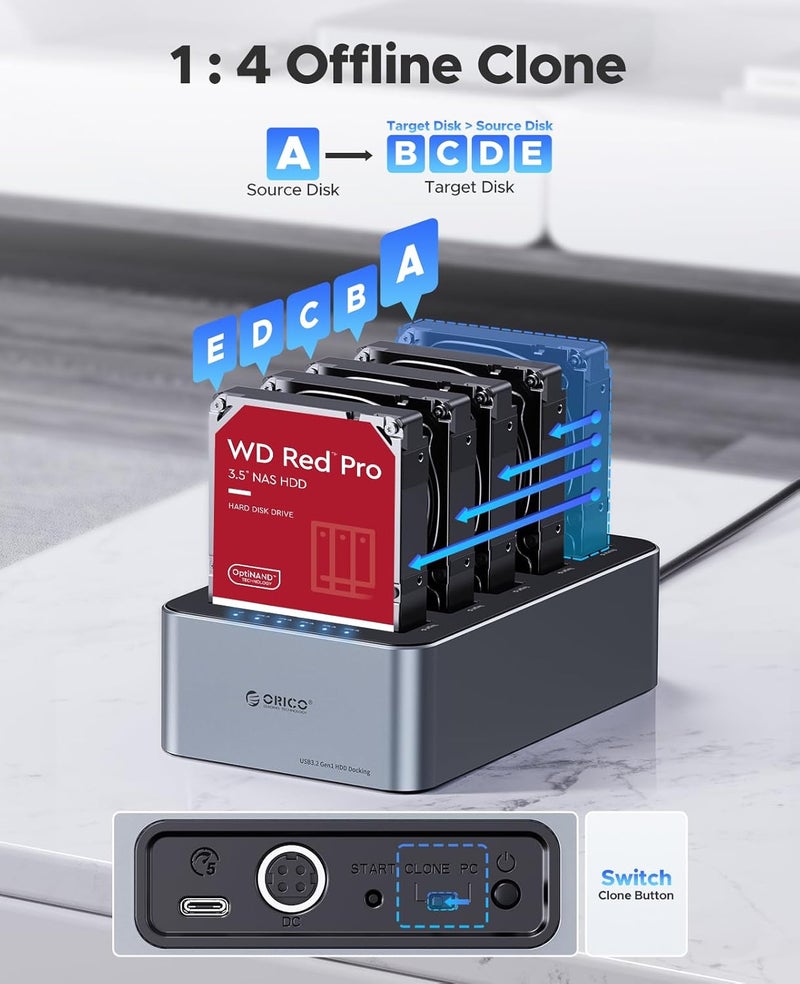 Orico Hard Drive Docking Station Aluminum 5 Bay Hard Drive Cloner/Duplicate USB 3.2 Gen 1 Type C for 2.5''/3.5'' SSD HDD Up to 100TB-6656C3 - Image 2
