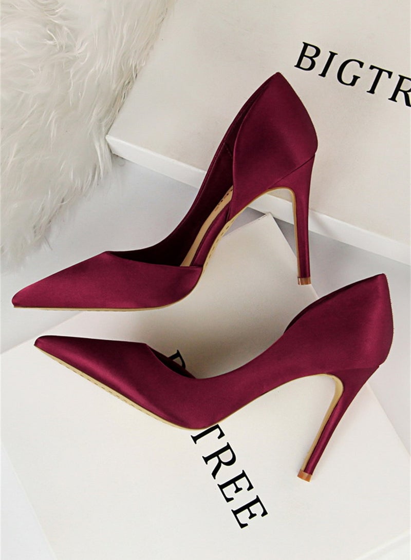 BIGTREE 9.5cm Stiletto Satin High Heels For Women With Shallow Mouth And Pointed Side Hollowing Out Red - Image 2