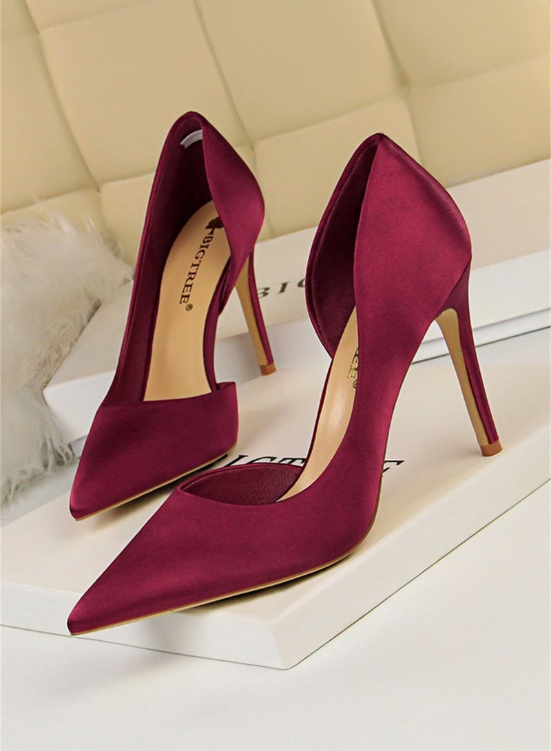 BIGTREE 9.5cm Stiletto Satin High Heels For Women With Shallow Mouth And Pointed Side Hollowing Out Red - Image 1