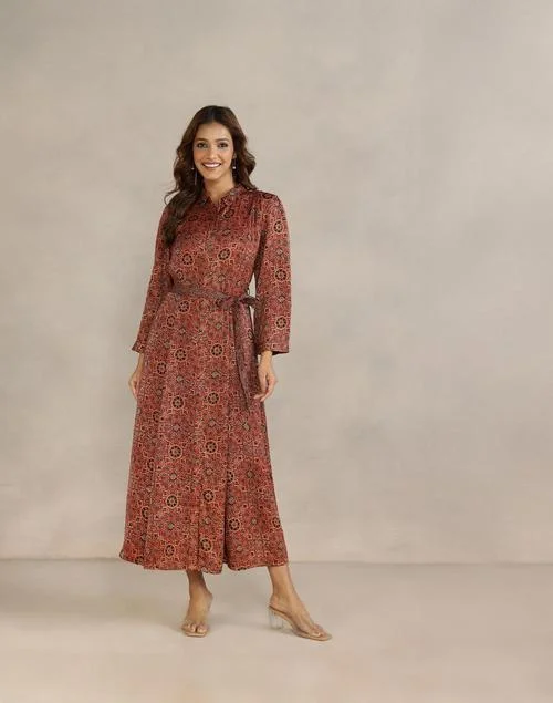 Fabindia Red Viscose Blend Ajrakh Printed Maxi