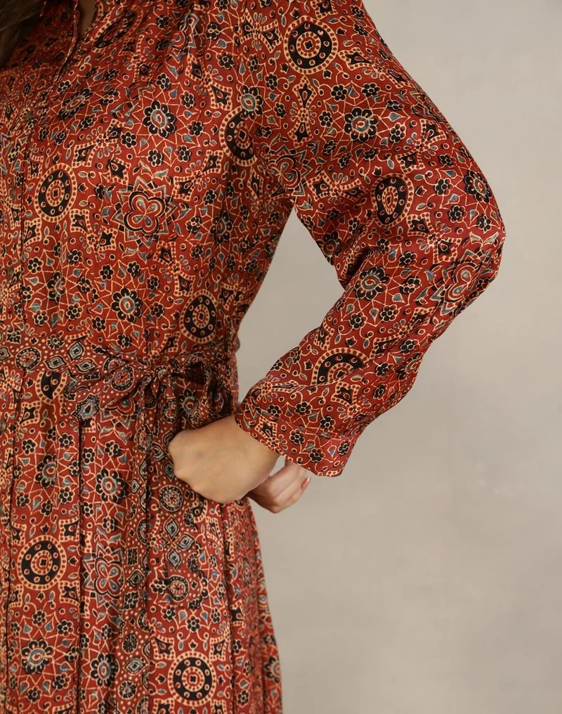 Fabindia Red Viscose Blend Ajrakh Printed Maxi