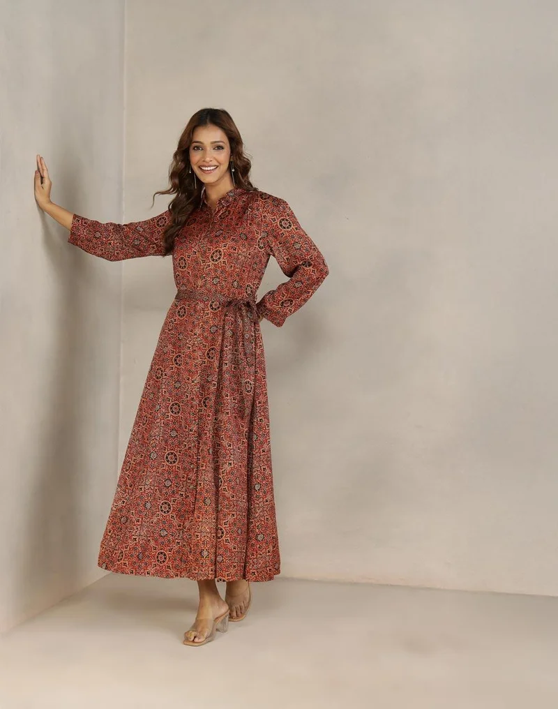 Fabindia Red Viscose Blend Ajrakh Printed Maxi