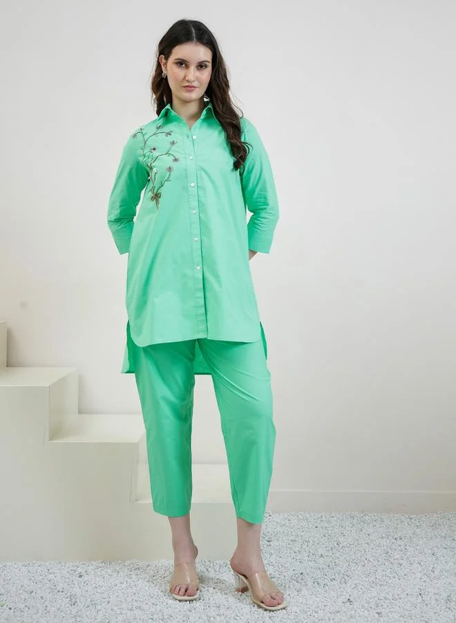 Athena Green Cotton Beaded Shirt and Pants Co-ords
