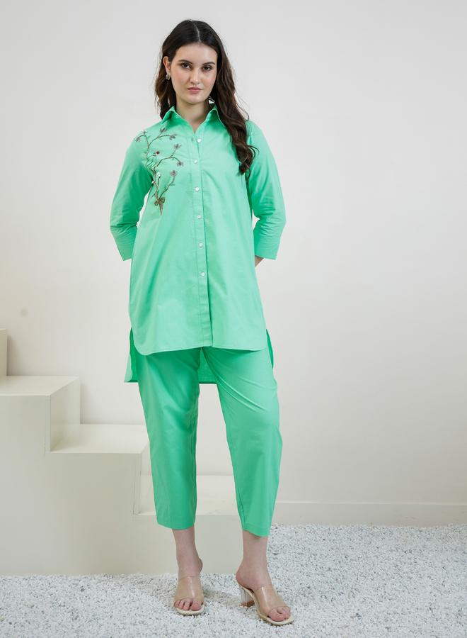 Athena Green Cotton Beaded Shirt and Pants Co-ords - Image 1