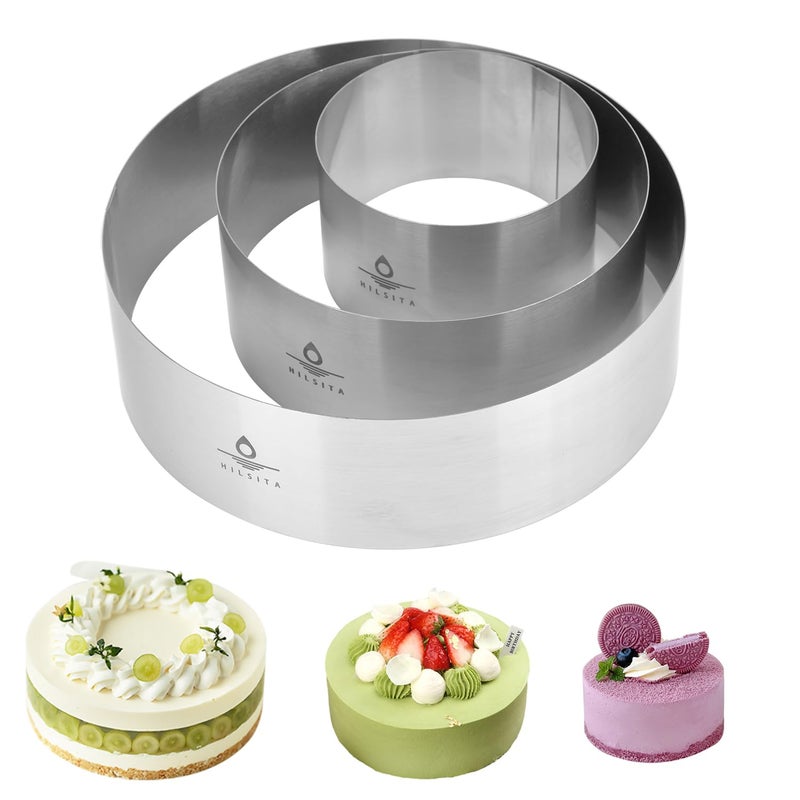 Hilsita 3Pcs Cake Molds for Baking, Stainless Steel Mousse Cake Rings, Mousse Ring Mold Round for Bakeware Tools-4/6/8in (2.36''H) - Image 1