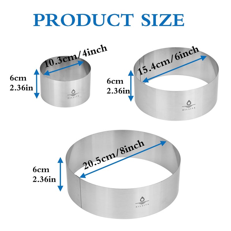 Hilsita 3Pcs Cake Molds for Baking, Stainless Steel Mousse Cake Rings, Mousse Ring Mold Round for Bakeware Tools-4/6/8in (2.36''H) - Image 2