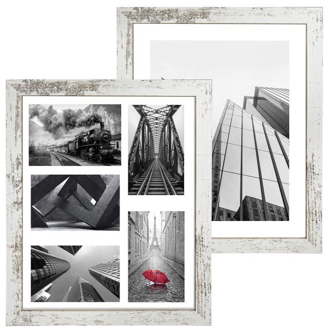 11x14 Picture Frame Wood Pattern Distressed White 2 Pack Real GlassEach Frame with 2 MatsDisplay 8x10 or Five 4x6 Photos with Mat11x14 Picture Without Mat for Wall MountingCP00111x14RW