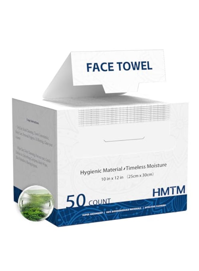 HMTM Face Towels 10x12 Inch 50 Count Extra Thick Soft Disposable Towels for Makeup Removal Cleansing Biodegradable Towels for Sensitive Skin TravelFriendly Facial Towelettes - Image 1