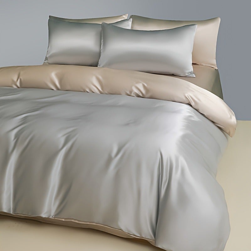 3-Piece Solid-Color Luxury Two-Tone Ice Silk Duvet Cover Set — 100% Ultra-Soft Microfiber; Cooling & Breathable; Features 8 Corner Ties; Machine Washable at 60°C; Ideal for Hotels, Bedrooms, and Dormitories (Duvet Insert and Pillow Inserts Not - Image 3