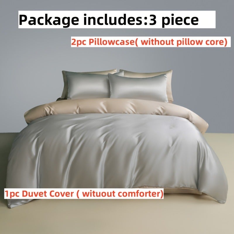 3-Piece Solid-Color Luxury Two-Tone Ice Silk Duvet Cover Set — 100% Ultra-Soft Microfiber; Cooling & Breathable; Features 8 Corner Ties; Machine Washable at 60°C; Ideal for Hotels, Bedrooms, and Dormitories (Duvet Insert and Pillow Inserts Not - Image 1
