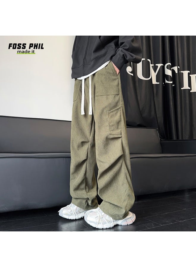 Foss Phil Men's Casual Pants Autumn And Winter Sports Trend All-match Loose Straight Multi-pocket Corduroy Fpk47 Army Green M - Image 5