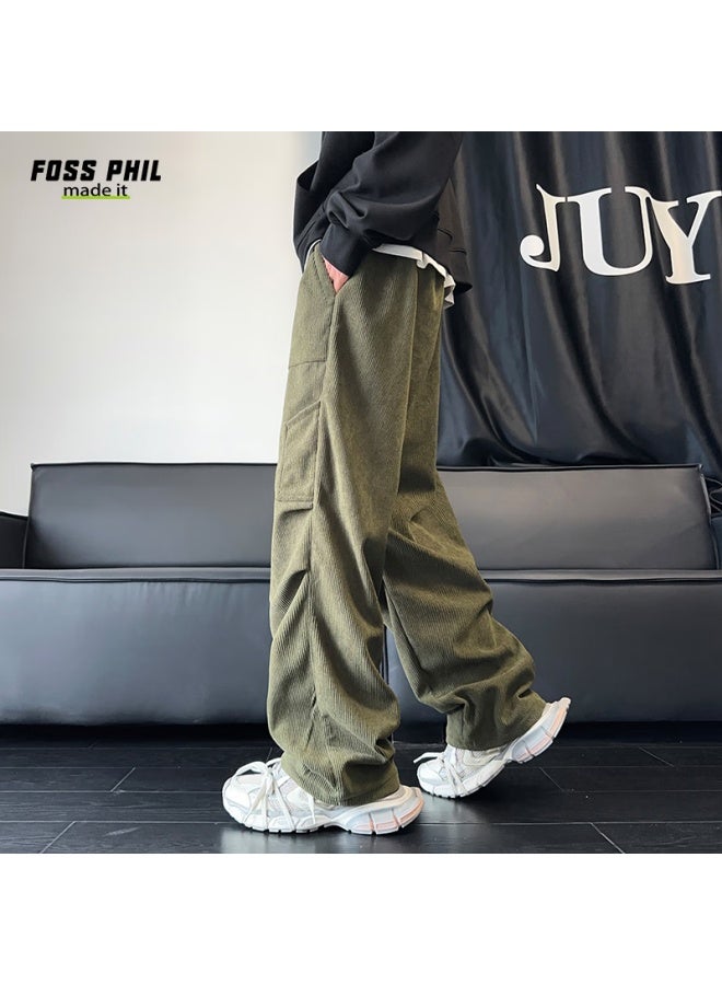 Foss Phil Men's Casual Pants Autumn And Winter Sports Trend All-match Loose Straight Multi-pocket Corduroy Fpk47 Army Green M - Image 3