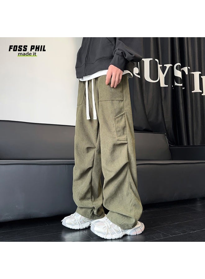 Foss Phil Men's Casual Pants Autumn And Winter Sports Trend All-match Loose Straight Multi-pocket Corduroy Fpk47 Army Green M - Image 2