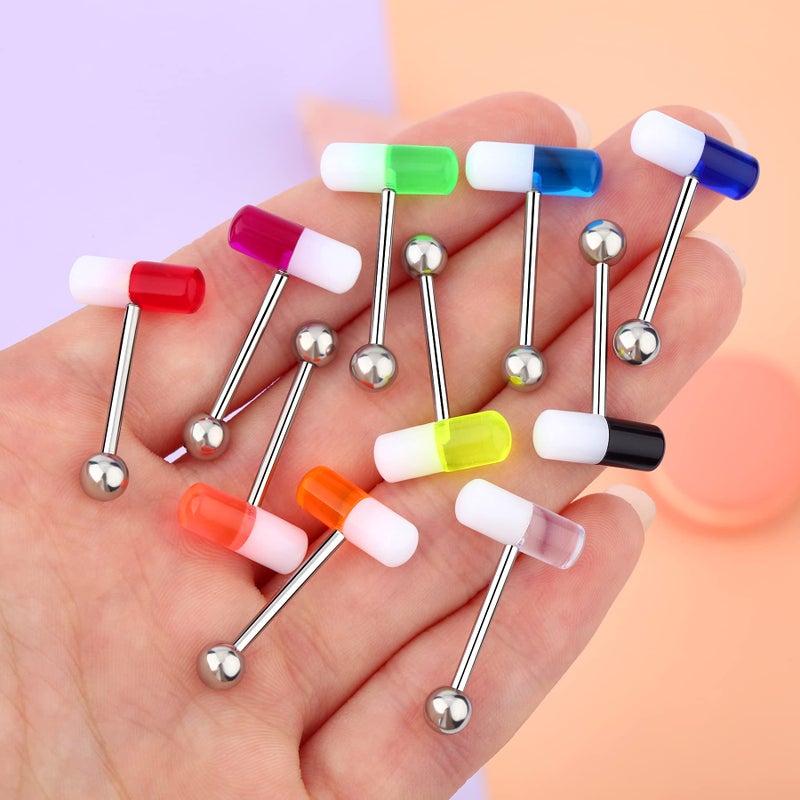 Melighting 10Pcs Pill Tongue Rings 14G Surgical Steel Tongue Piercing with Mix-Color Uv Shaped Tongue Ring with Ball Tongue Piercing Jewelry for Women Men Set - Image 4