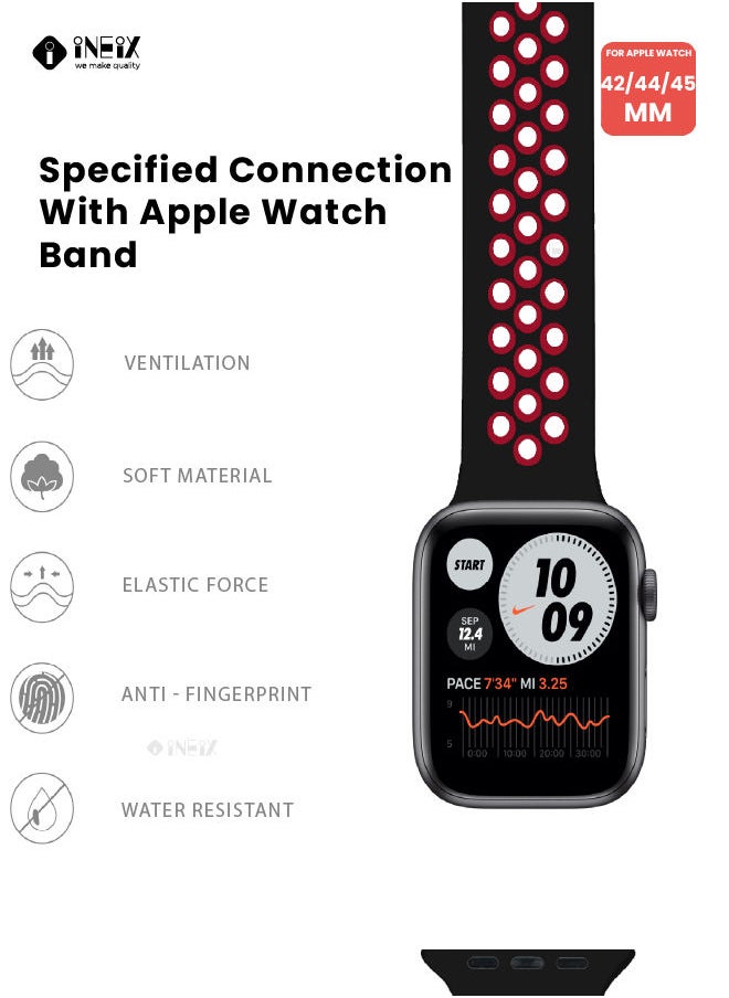 INEIX - Soft Silicone Sport Nike Edition Replacement Strap For Apple Watch 42/44/45 mm - Black/Red - Image 1