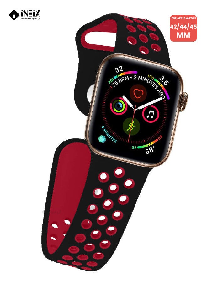 INEIX - Soft Silicone Sport Nike Edition Replacement Strap For Apple Watch 42/44/45 mm - Black/Red - Image 1