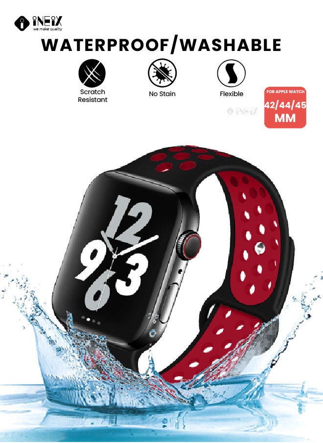 INEIX - Soft Silicone Sport Nike Edition Replacement Strap For Apple Watch 42/44/45 mm - Black/Red - Image 1