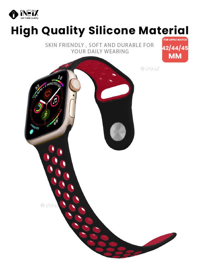 INEIX - Soft Silicone Sport Nike Edition Replacement Strap For Apple Watch 42/44/45 mm - Black/Red - Image 1