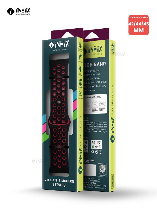 INEIX - Soft Silicone Sport Nike Edition Replacement Strap For Apple Watch 42/44/45 mm - Black/Red - Image 1