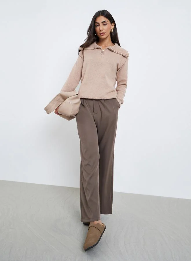 Styli Styli Beige Regular Fit Half-Zip Knit Sweater