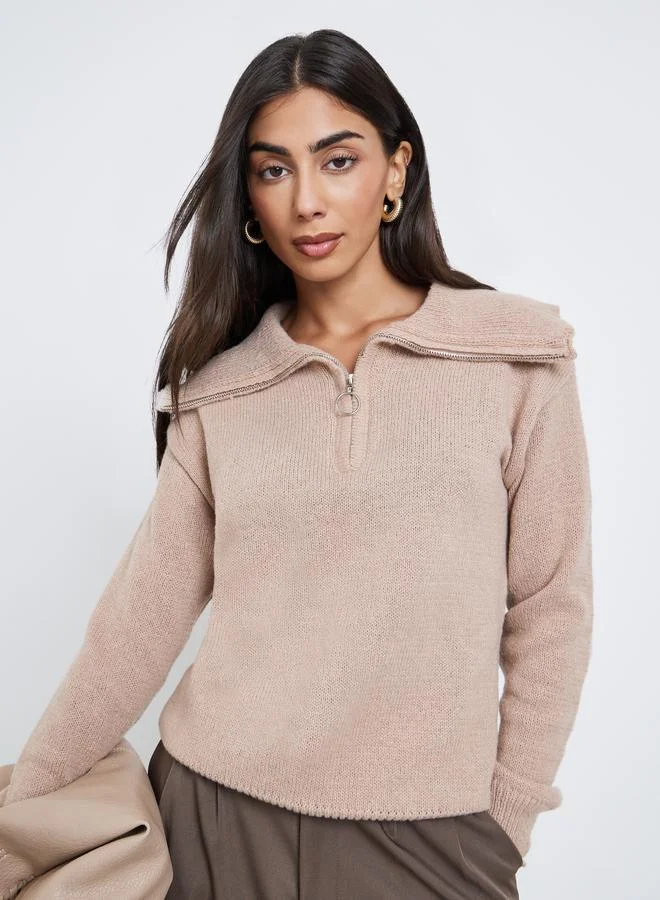 Styli Beige Regular Fit Half-Zip Knit Sweater