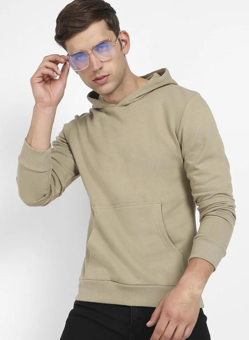 Campus Sutra Men's Olive Green Pullover Hoodie With Contrast Drawstring For Casual Wear | Long Sleeve | Hooded Neck | Pull On Closure | Cotton Sweatshirt Crafted With Comfort Fit For Everyday Wear