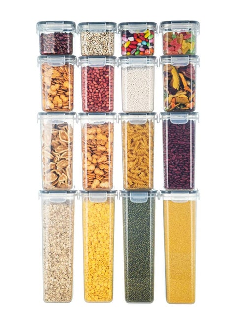 مجموعة حاويات تخزين الطعام محكمة الغلق، 16 حاوية حبوب بلاستيكية شفافة خالية من مادة Bpa وبرطمانات مناديل مخزن المطبخ مع أغطية سهلة القفل لخبز حبوب السكر البودرة