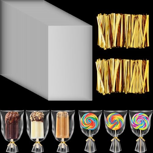 Shappy 200 Pieces Cellophane Treat Bags 4x6 inches Ice Lolly Bags Set 100 Pcs Clear Treat Bag with 100 Pcs Twist Ties Cake Plastic Bag for DIY Making Dessert Supplies Chocolate Cookie Wrapping - Image 1