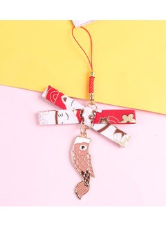 Cute Koinobori Carp Cell Phone Strap, Red and White Color Scheme, Fish Shaped Enamel Charm, Fabric Ribbon with Cat Print, Metal Clasp and Beads, Handcrafted with Precision, Japanese Traditional Style, Suitable for Phones, Bags, and Zippers