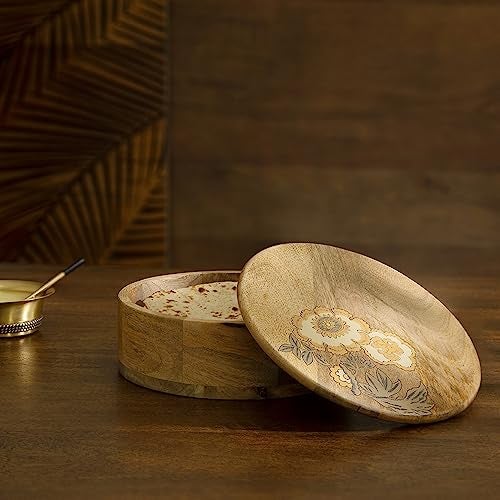 Ellementry Fleur D'or Roti Box | Handmade Chapati Box with Wooden Lid | Food-Grade & BPA-Free | Stylish Casserole for Serving Rotis, Parathas & Flatbreads | Kitchen Organizer & Storage Solution - Image 1