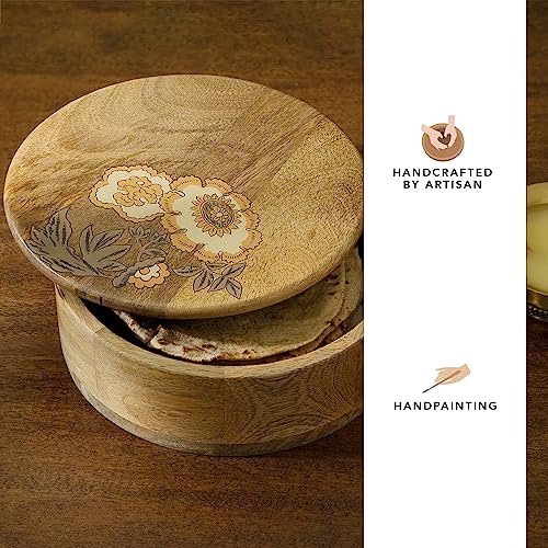Ellementry Fleur D'or Roti Box | Handmade Chapati Box with Wooden Lid | Food-Grade & BPA-Free | Stylish Casserole for Serving Rotis, Parathas & Flatbreads | Kitchen Organizer & Storage Solution - Image 2