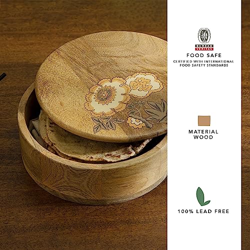 Ellementry Fleur D'or Roti Box | Handmade Chapati Box with Wooden Lid | Food-Grade & BPA-Free | Stylish Casserole for Serving Rotis, Parathas & Flatbreads | Kitchen Organizer & Storage Solution - Image 3