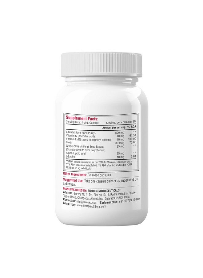Biotrex Nutraceuticals Biotrex Nutraceuticals Glutathione With Vitamin C & E, Biotin, Grape Seed Extract, Alpha Lipoic Acid, L-Lysine For Healthy Skin Health, Antioxidant Supplement - 30 Vegetarian Capsules - Image 2