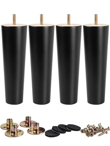 La Vane 5 inch / 12cm Wooden Furniture Legs, Set of 4 Black Solid Wood Tapered M8 Furniture Replacement Feet with Pre-Drilled 5/16 Inch Bolt & Mounting Plate & Screws for Sofa Chair Couch Ottoman - Image 1