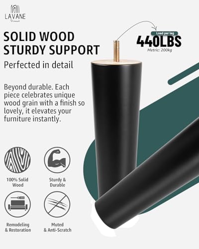 La Vane 5 inch / 12cm Wooden Furniture Legs, Set of 4 Black Solid Wood Tapered M8 Furniture Replacement Feet with Pre-Drilled 5/16 Inch Bolt & Mounting Plate & Screws for Sofa Chair Couch Ottoman - Image 3