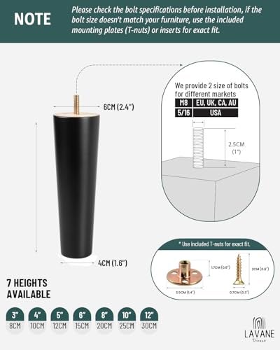 La Vane 5 inch / 12cm Wooden Furniture Legs, Set of 4 Black Solid Wood Tapered M8 Furniture Replacement Feet with Pre-Drilled 5/16 Inch Bolt & Mounting Plate & Screws for Sofa Chair Couch Ottoman - Image 5