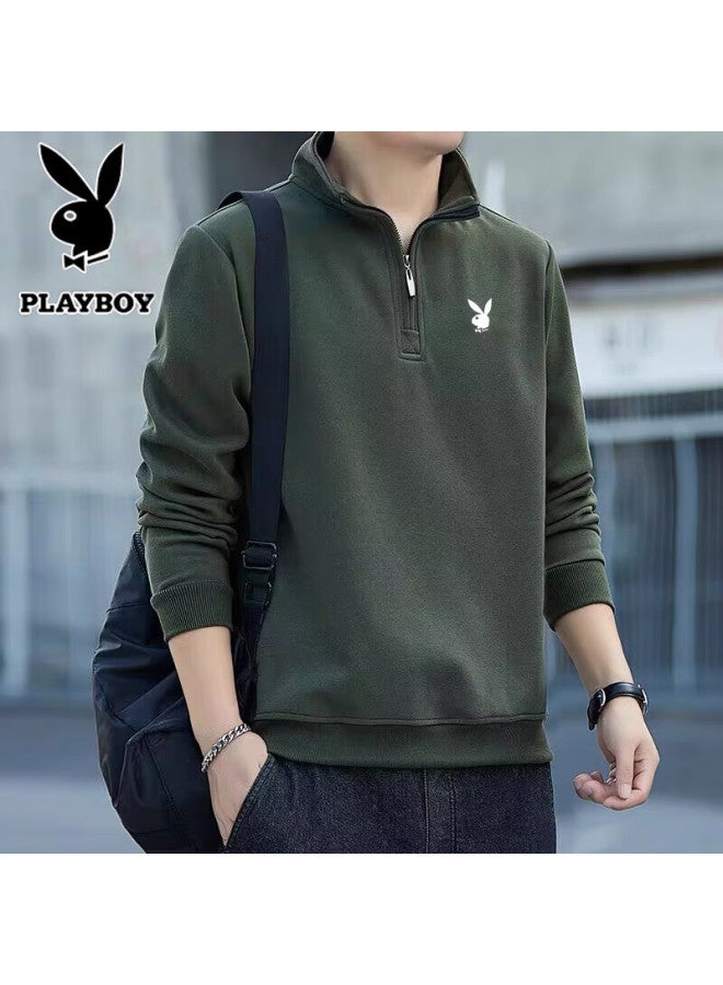 Playboy Men's Sweatshirt Spring And Autumn Long Sleeve T-shirt Casual Loose Sports Tee Autumn Base Layer Shirt Military Green XL - Image 1