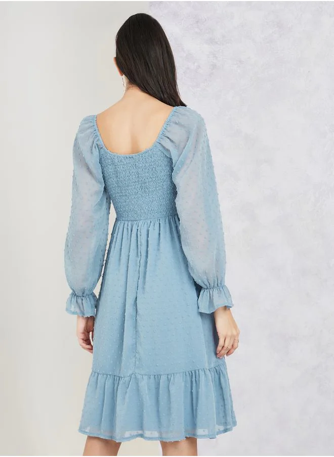 Styli Smocked Knee Length Dress with Long Sleeves