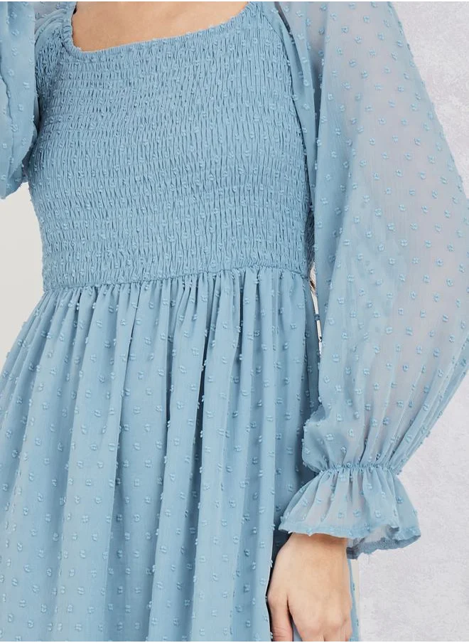 Styli Smocked Knee Length Dress with Long Sleeves